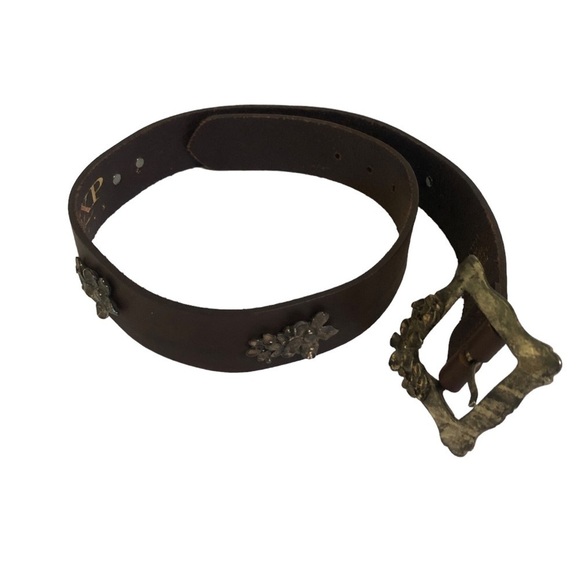 Women’s Dark Brown Leather Belt Flower Buckle Size Medium - Picture 4 of 13